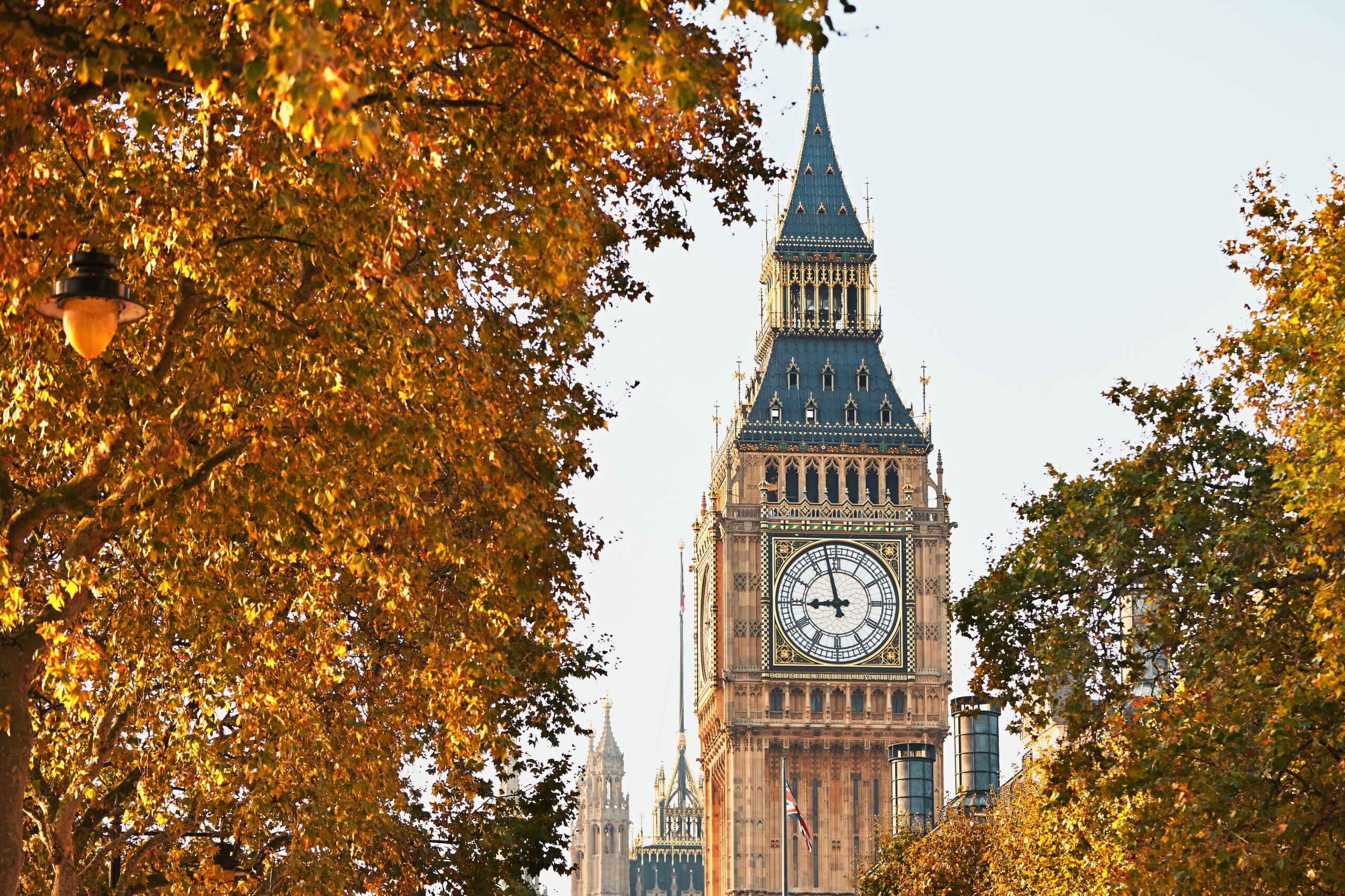 Palace of Westminster and Big Ben in sunny autumn day, London, The United Kingdom of Great Britain and Northern Ireland